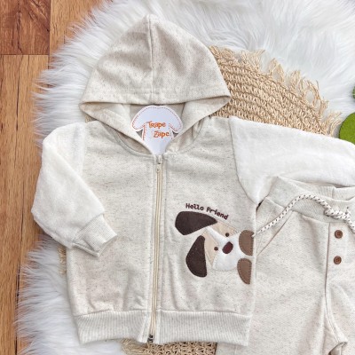 Conj. Jaqueta com Pelinho Hello Friend e Calça em Linho - Areia e Off White